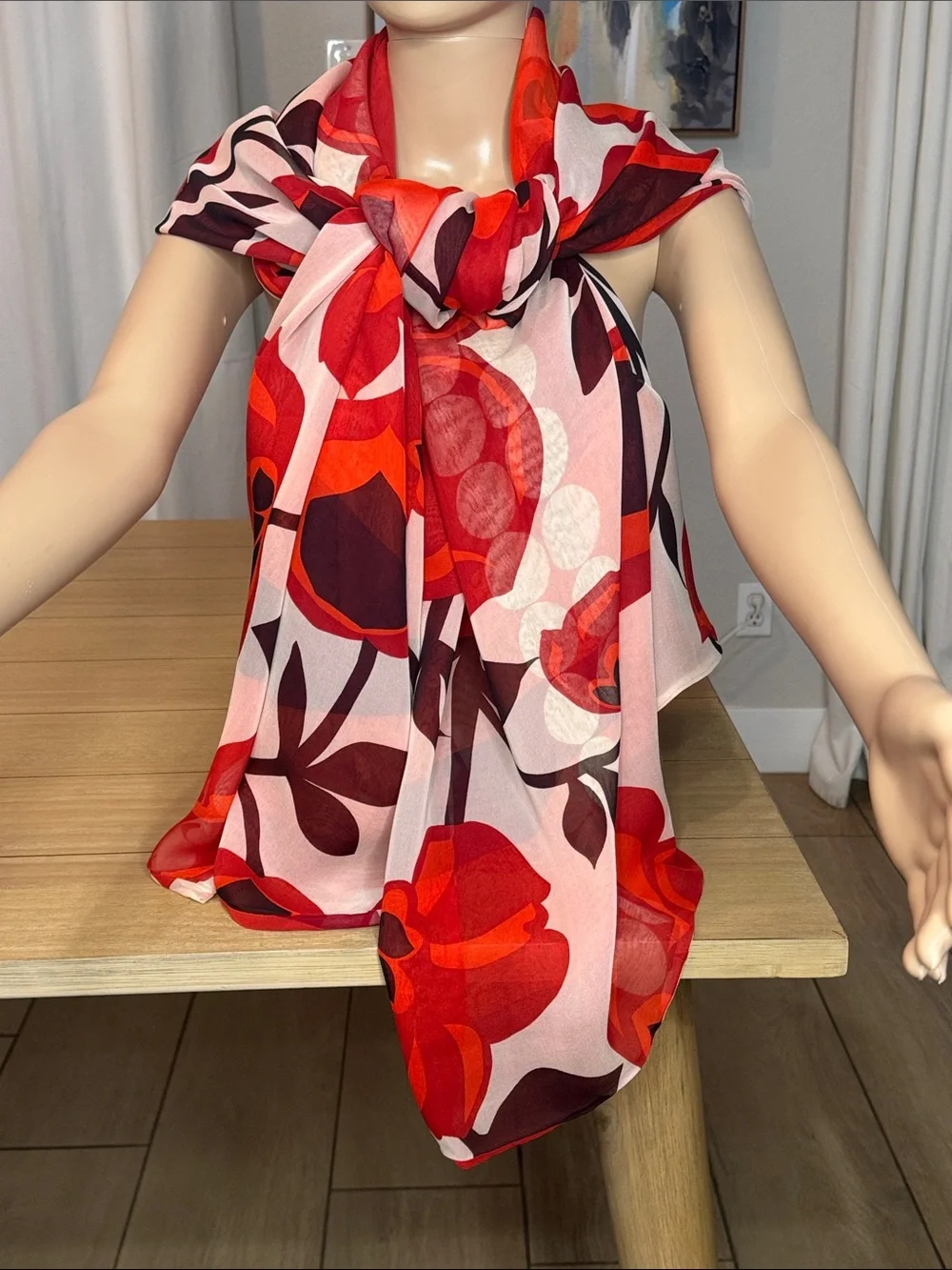 HARARI Oversized 100% Silk Floral Scarf Wrap Shawl Red Pink 84” x 42” USA